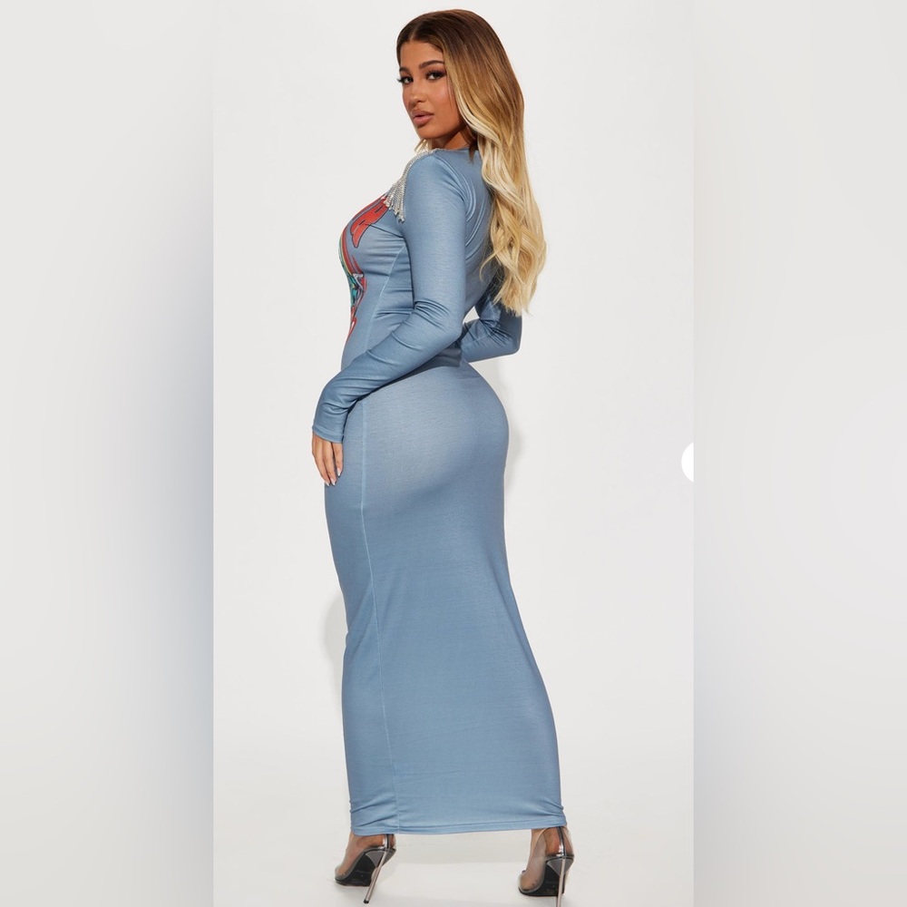 Blue Graphic Long Sleeve Maxi Dress - Picture 3 of 4